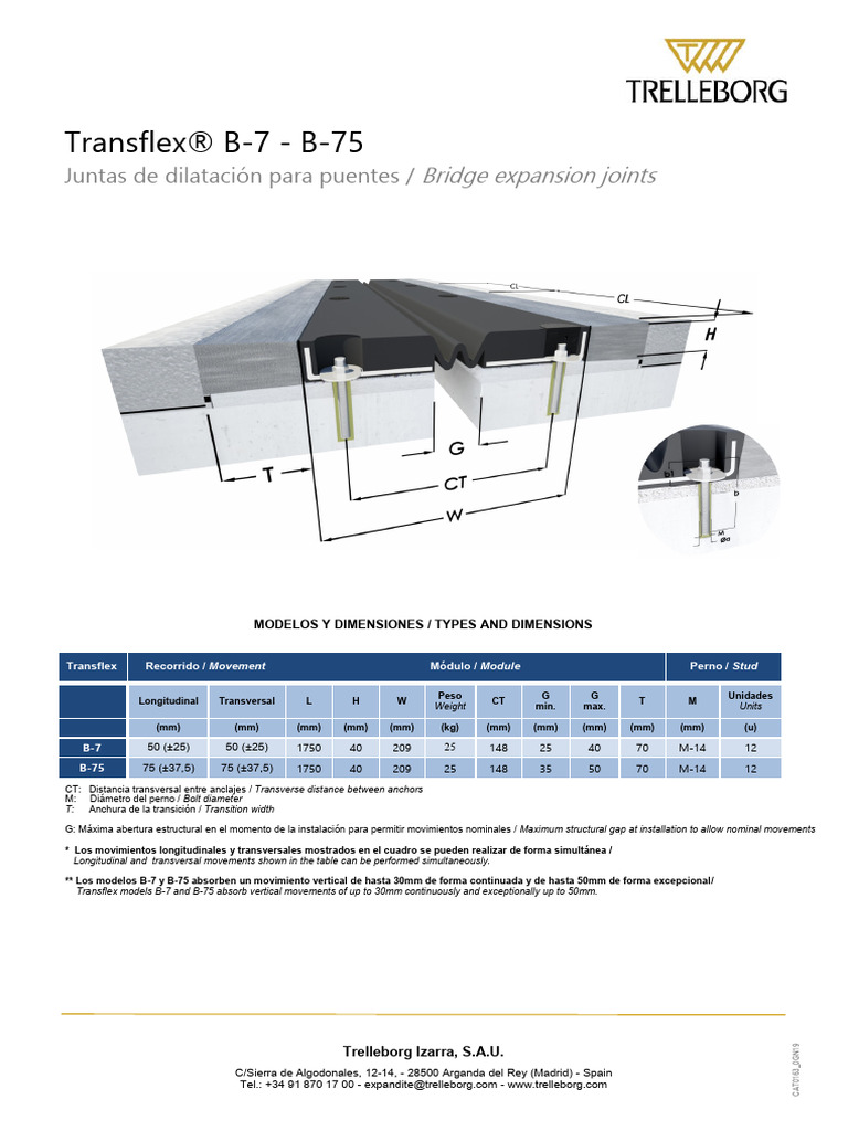 Juntas de dilatación Transflex B7 y B75 | PDF