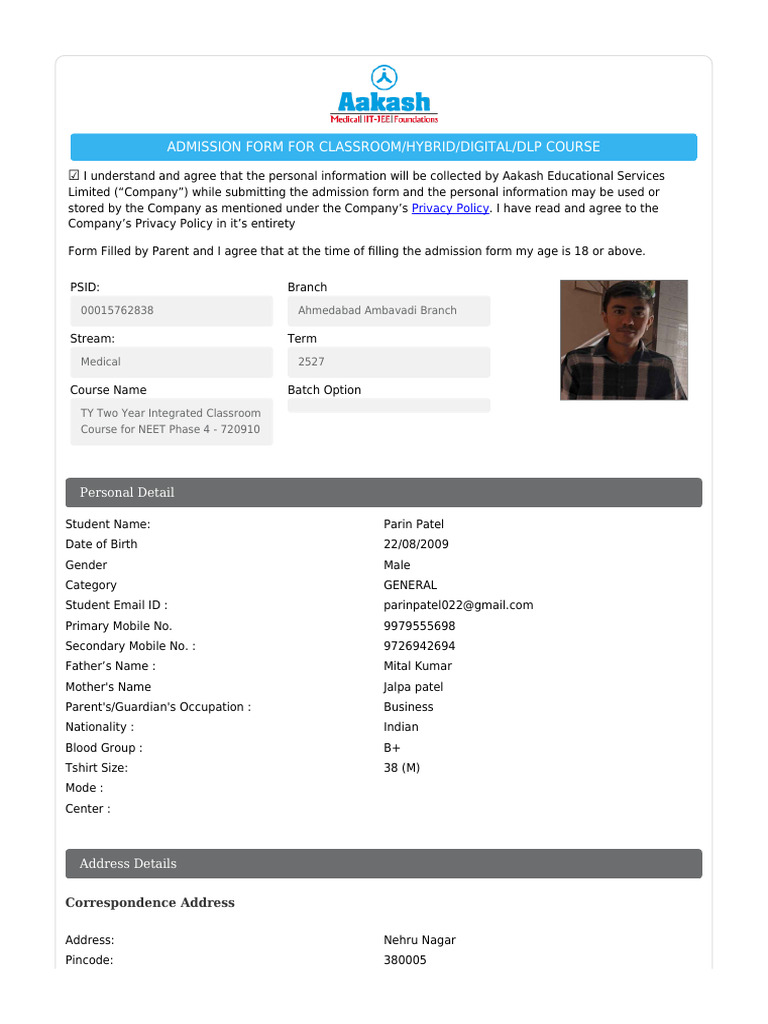 Aakash Admission Form for NEET Course | PDF | Computer Access Control ...