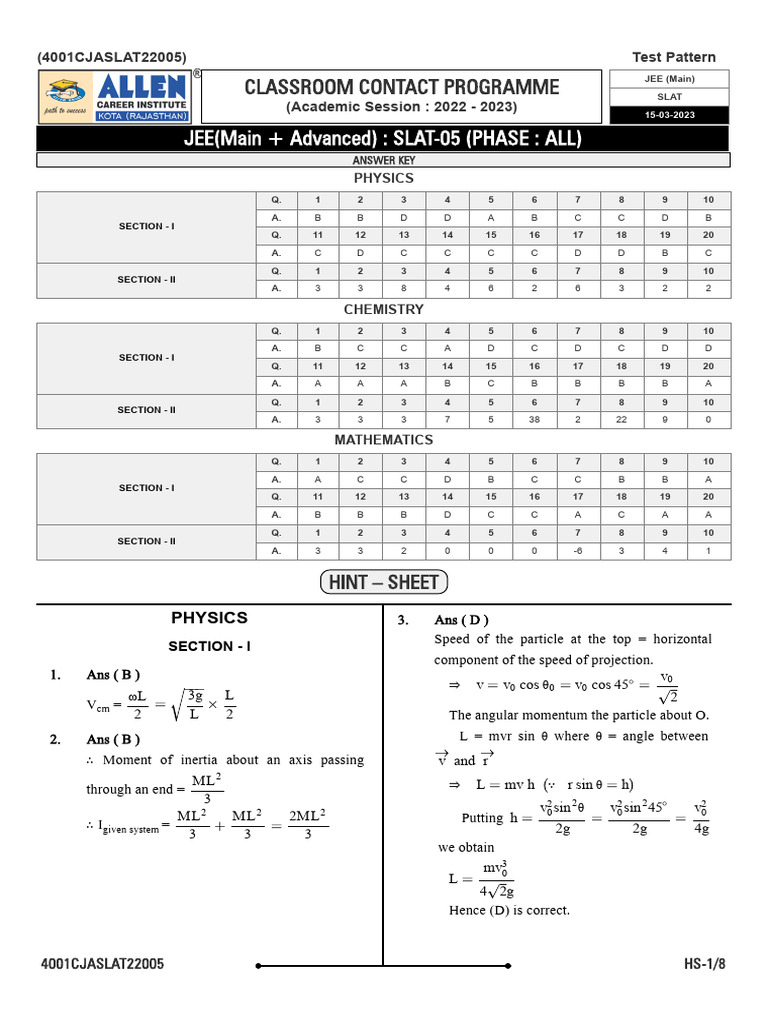 012. Slat-5 Xi Jee Mains 15-03-23- Ans. & Sol. | PDF | Physical ...