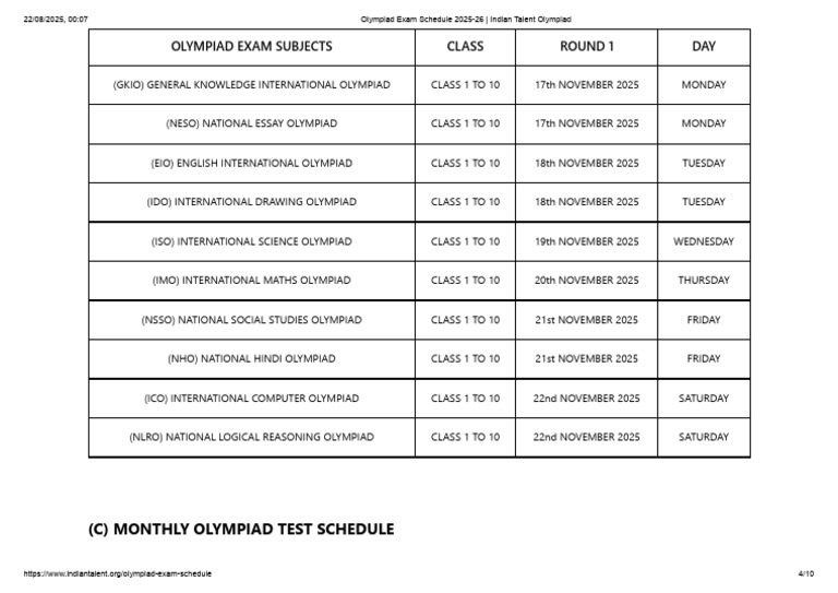 Olympiad Exam Schedule 2025-26 | PDF