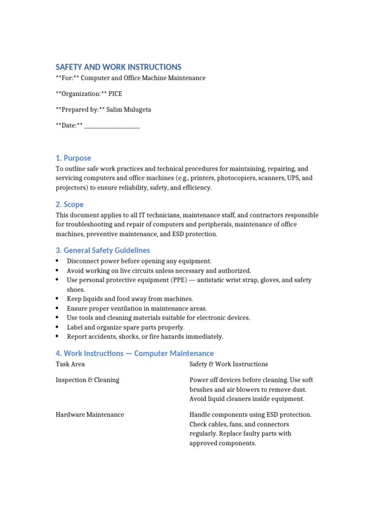 Safety and Work Instructions Computer Office Maintenance PICE | PDF ...