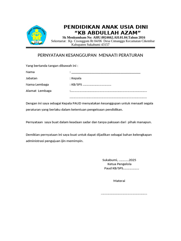 Pernyataan Kesanggupan PAUD KB Abdullah Azam | PDF