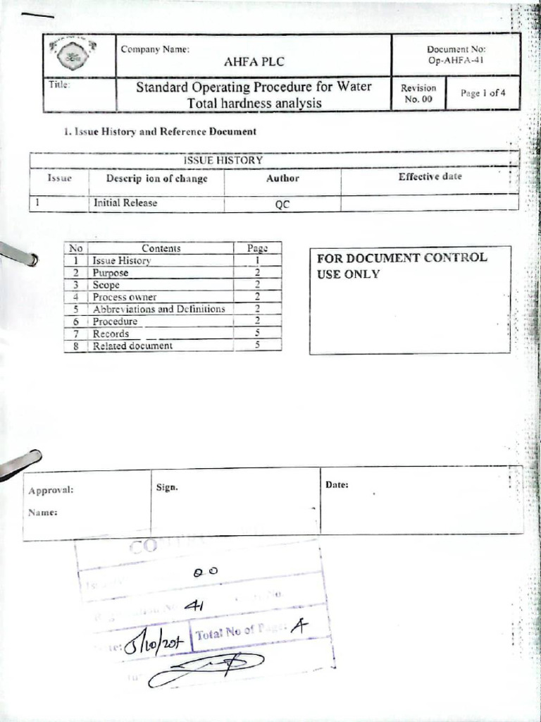 Water Total Hardness SOP Guide | PDF | Titration | Chemistry
