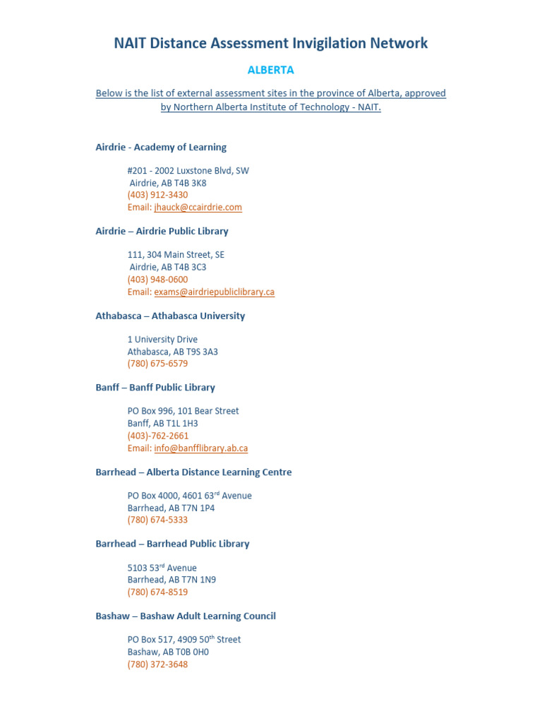 NAIT Assessment Sites in Alberta | PDF | Alberta