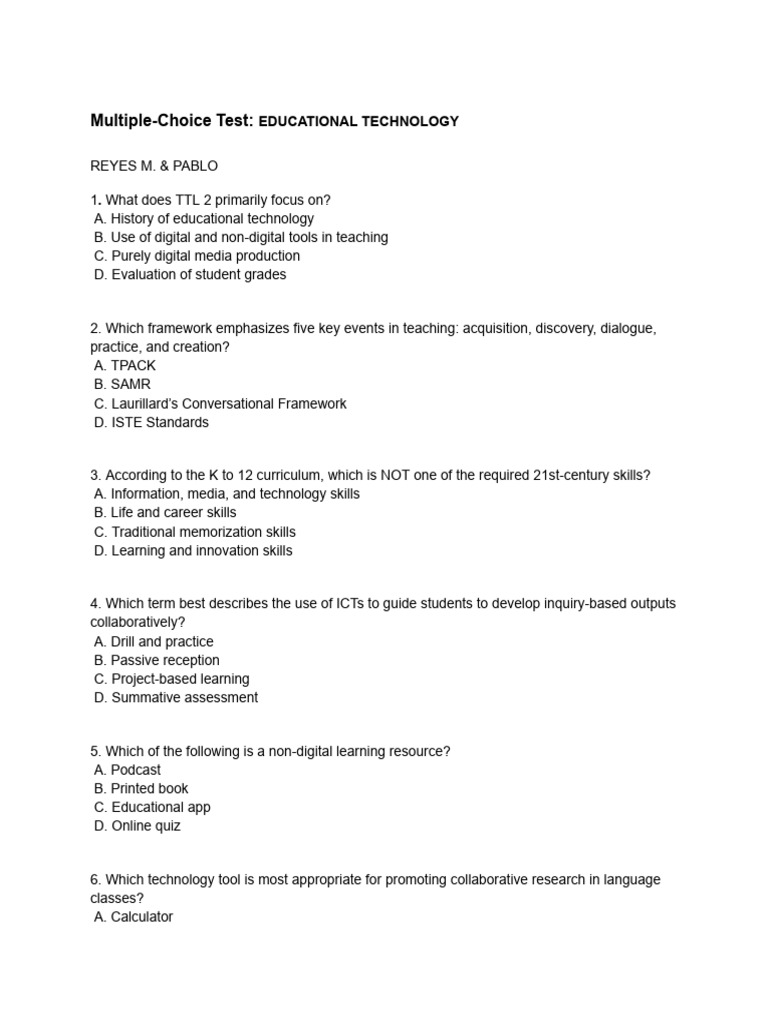 Educational Technology Multiple-Choice Quiz | PDF | Learning ...