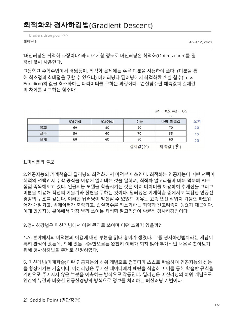 Bruders.tistory.com-최적화와 경사하강법Gradient Descent (1).PDF | PDF