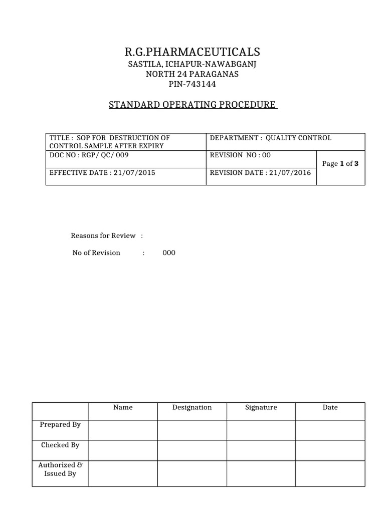 SOP for Destruction of Expired Samples | PDF
