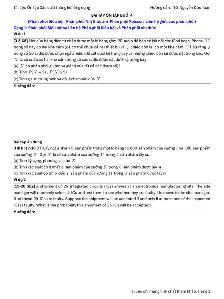 04.2 - XS - BT - Buổi 4 (Phân Phối Siêu Bội - Nhị Thức Âm - Poisson) | PDF