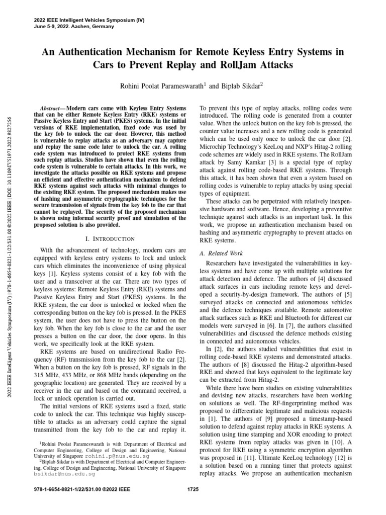An Authentication Mechanism for Remote Keyless Entry Systems in Cars to ...