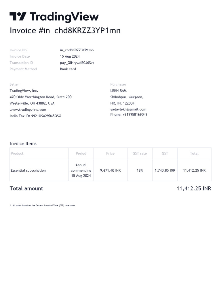 TradingView Invoice for Essential Subscription | PDF