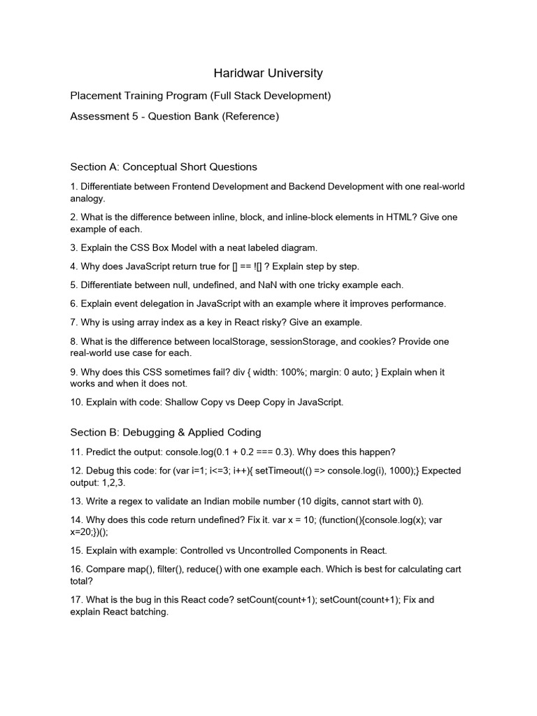 Haridwar University Full Stack Dev Assessment | PDF | Java Script ...