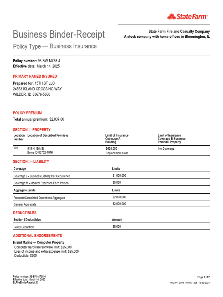 Business Insurance Binder Receipt | PDF | Insurance | Deductible