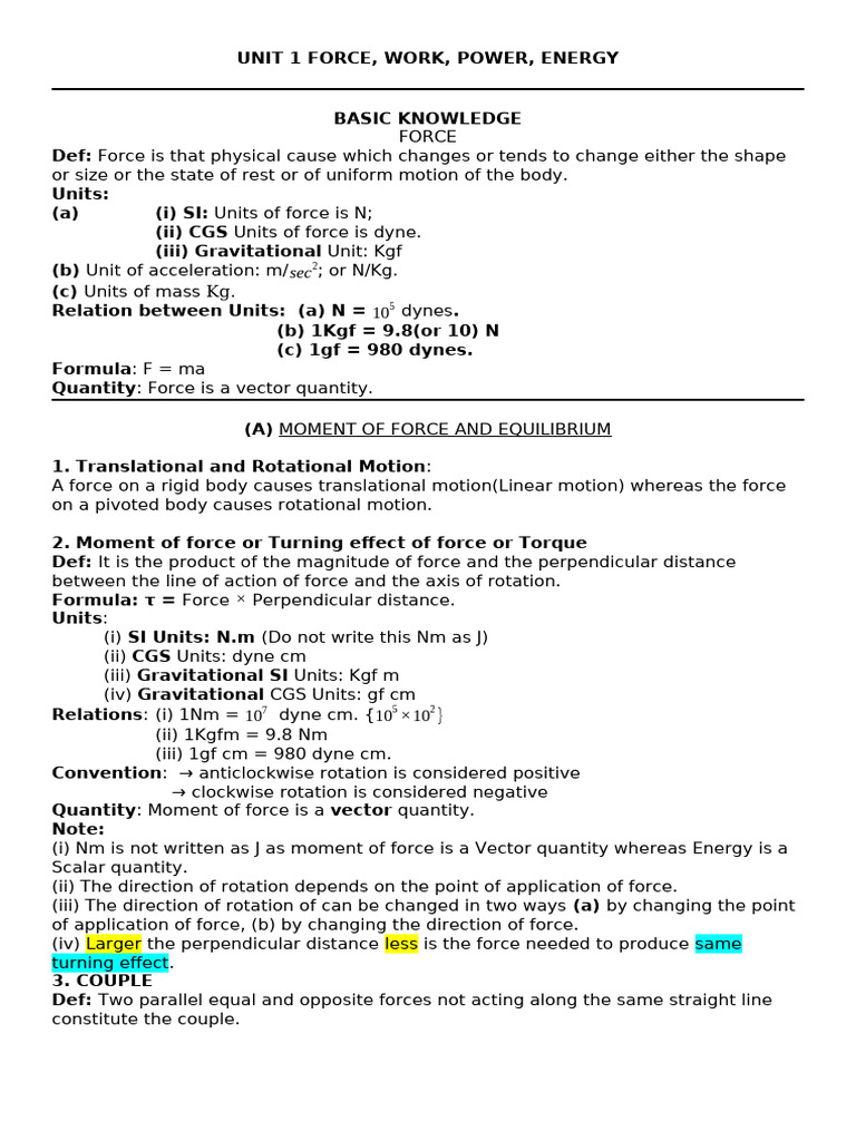 Notes On Force Work Power Energy | PDF | Force | Torque