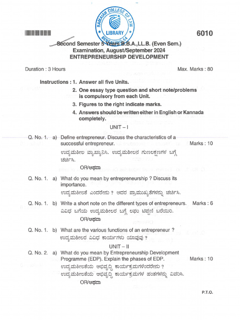 2nd Sem Entrepreneurship Development Augt - Sept 2024 | PDF