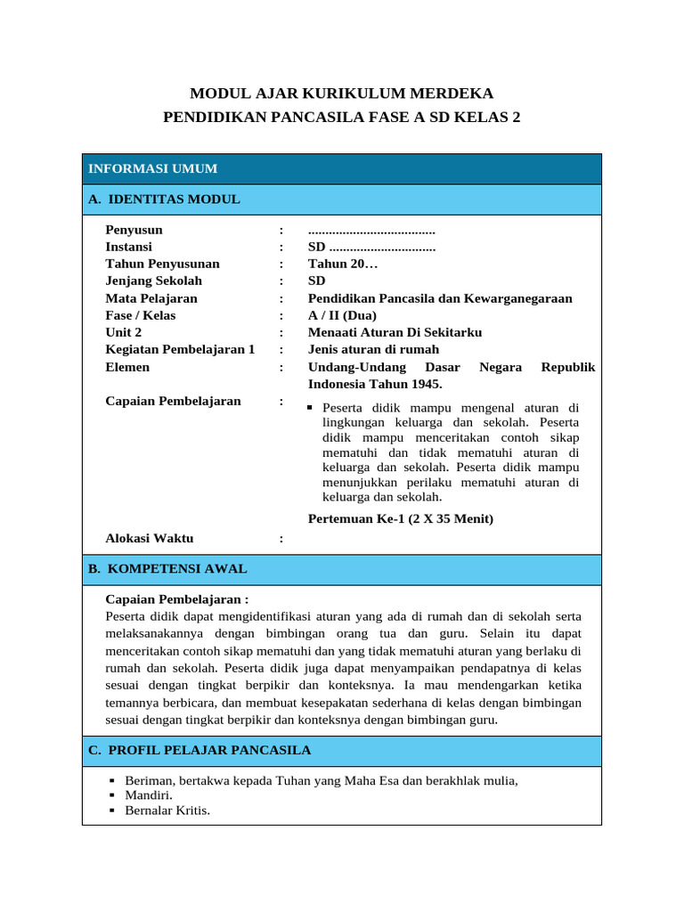 Modul Ajar Pancasila Kelas 2 SD | PDF
