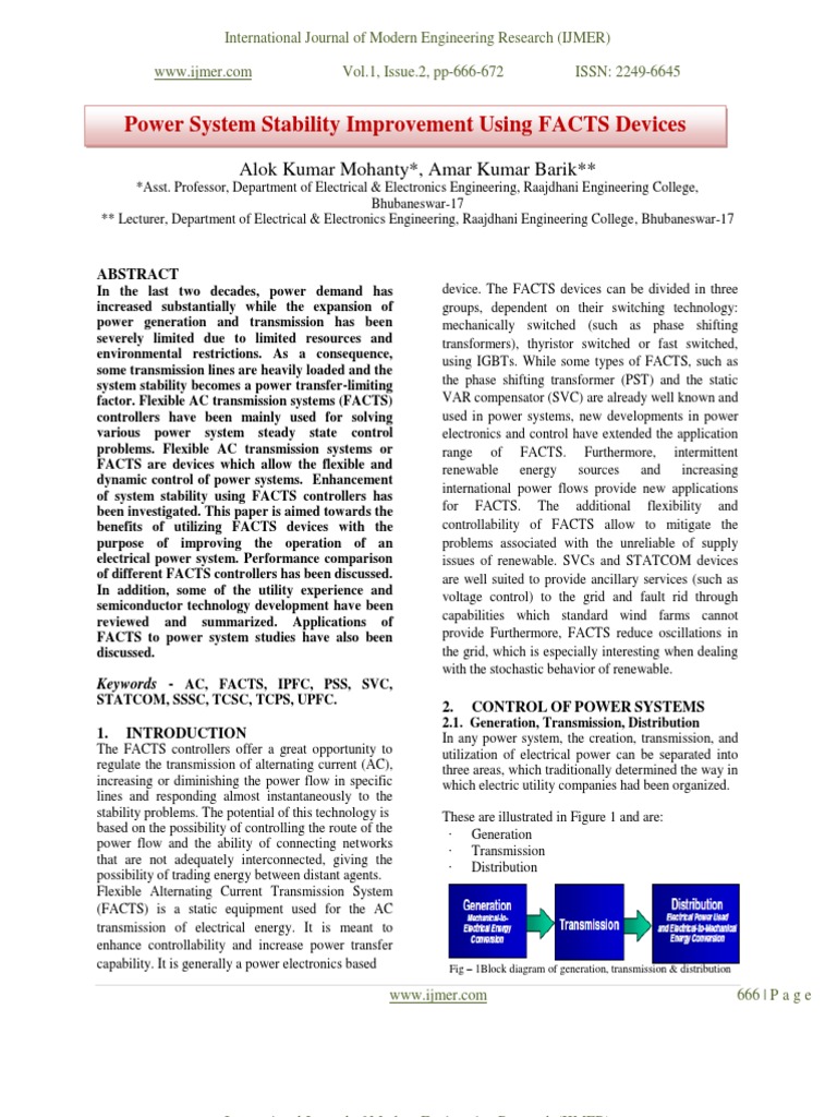 Power System Stability Improvement Using FACTS Devices PDF Power