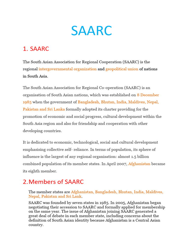 Overview of SAARC and Its Objectives | PDF | Economies