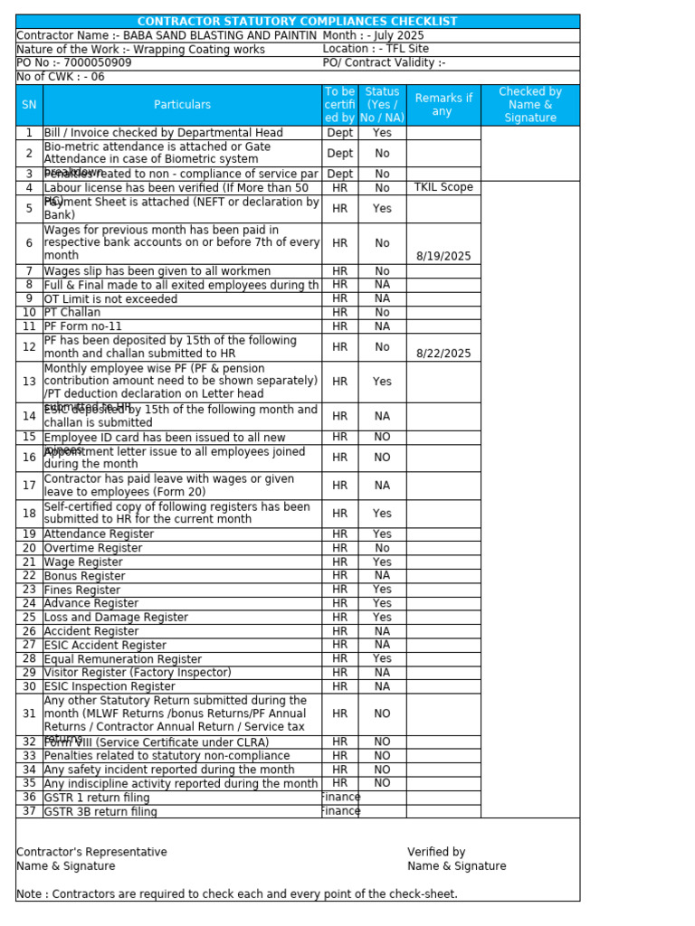 Contractor Compliance Document Verification Pdf