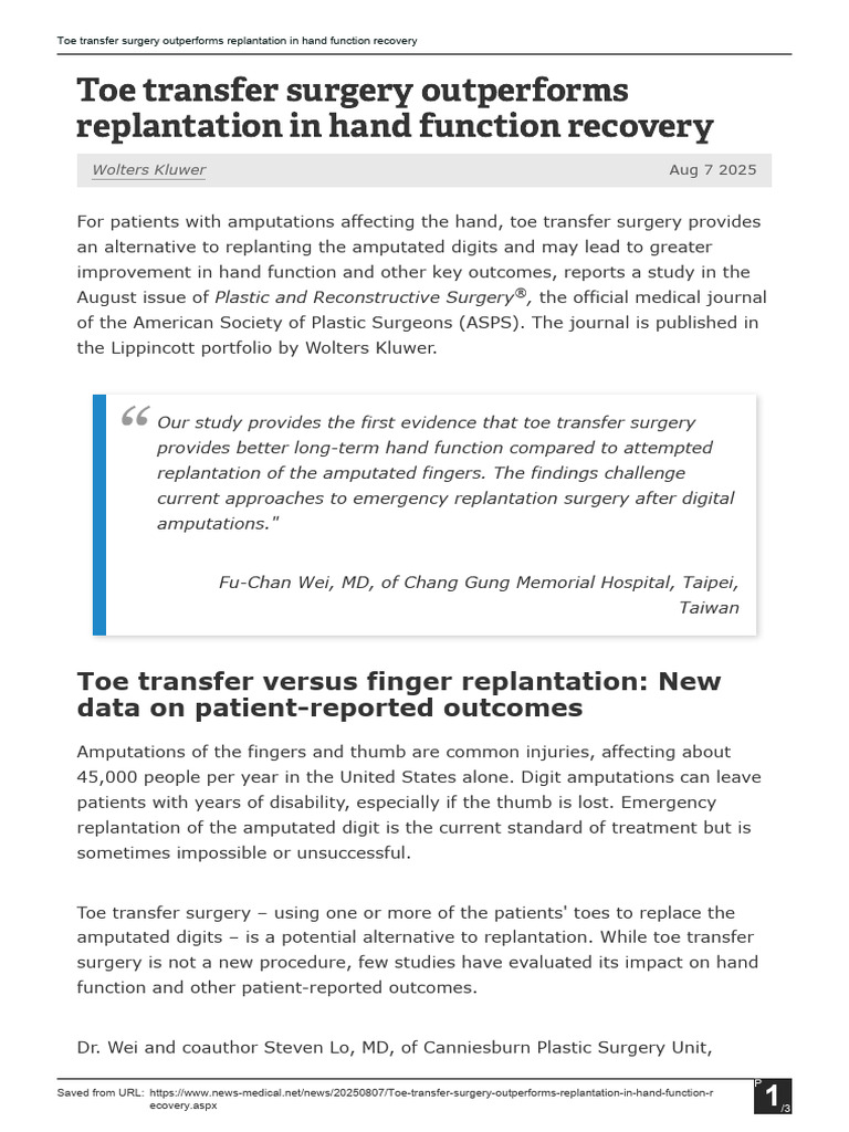 Toe Transfer Surgery Enhances Hand Function | PDF | Clinical Medicine ...