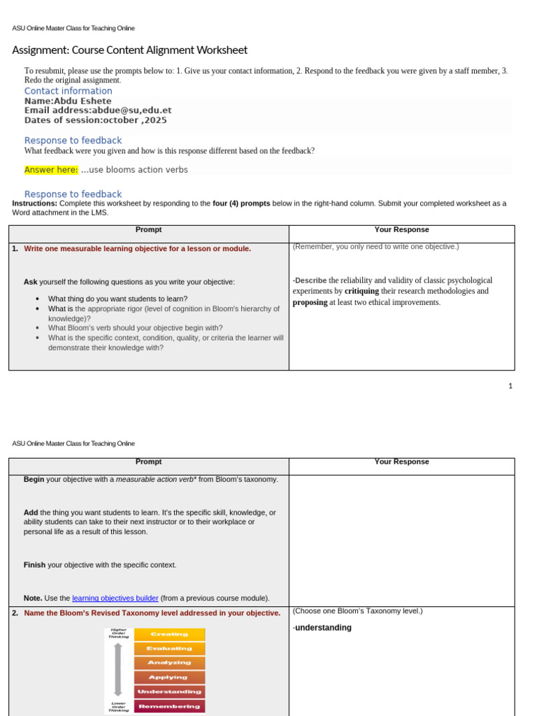 Course Content Alignment Worksheet | PDF | Learning | Validity (Statistics)