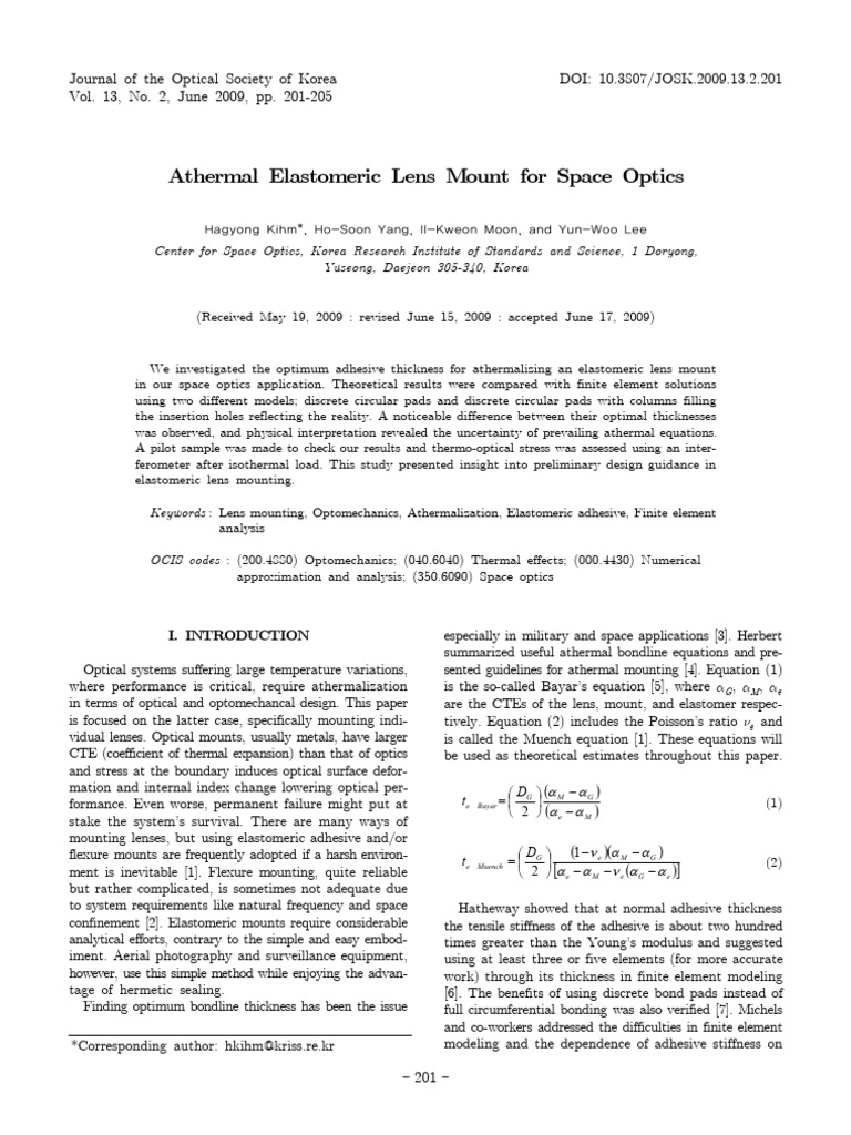 Athermal Lens Mounting for Space Optics | PDF | Interferometry | Finite ...