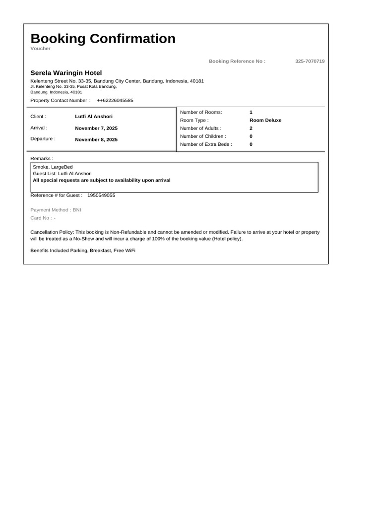 Serela Waringin Hotel Booking Confirmation | PDF
