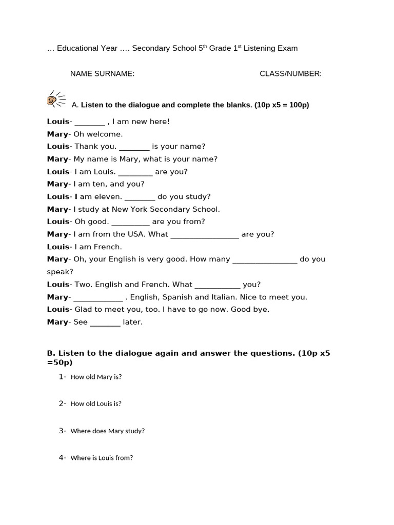 5th Grade Listening Exam: Dialogue Practice | PDF