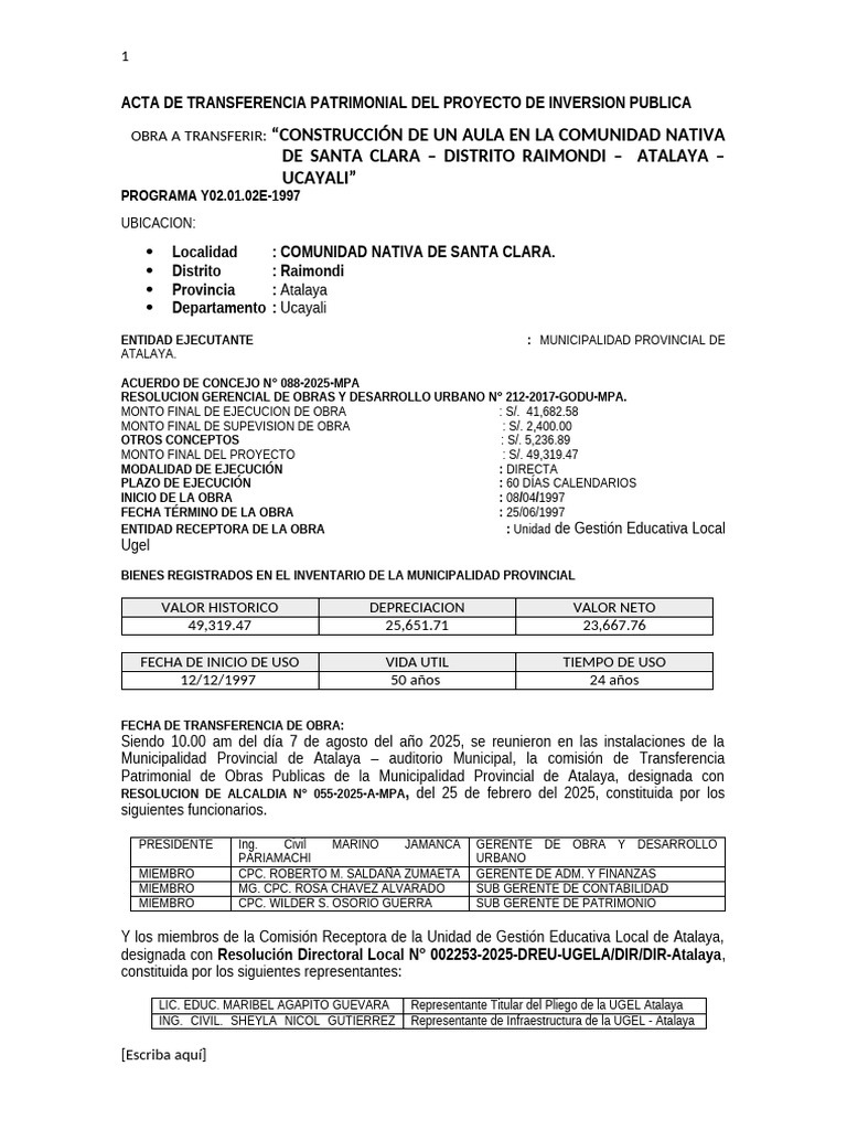 Acta de Transferencia de Aulas en Ucayali | PDF | Gobierno local ...
