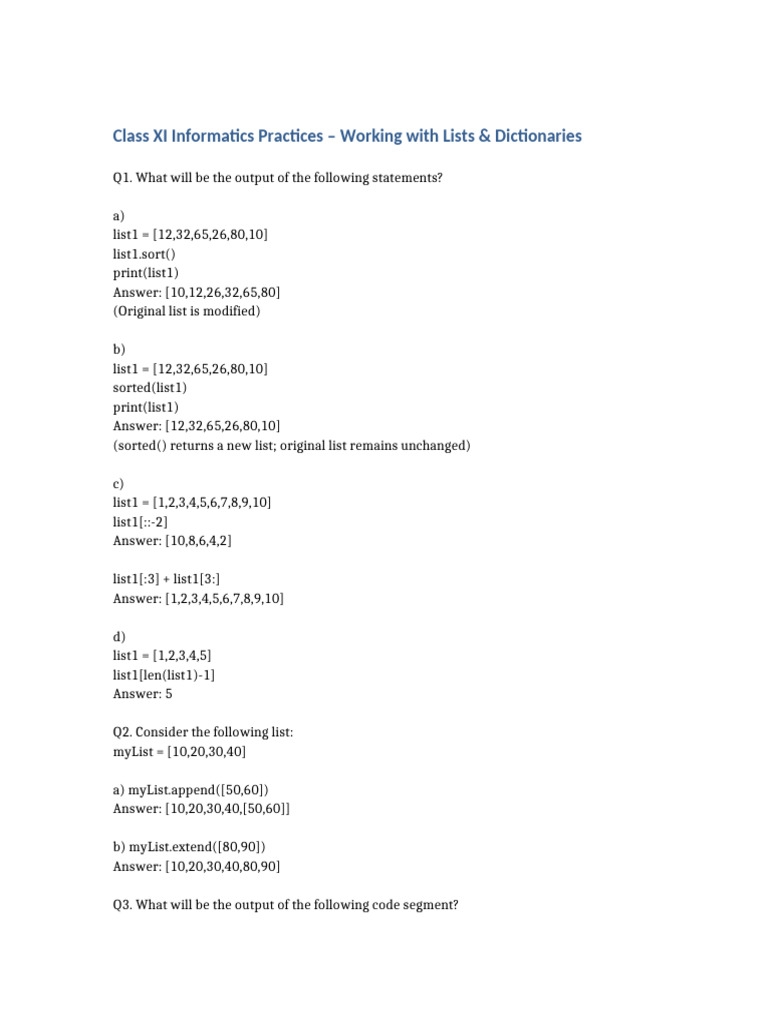 Class XI Informatics: Lists & Dictionaries | PDF | Computer Programming ...