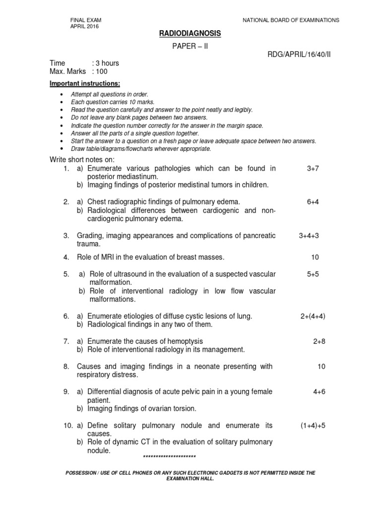 Radiodiagnosis Exam Paper April 2016 | PDF | Radiology | Medical Imaging