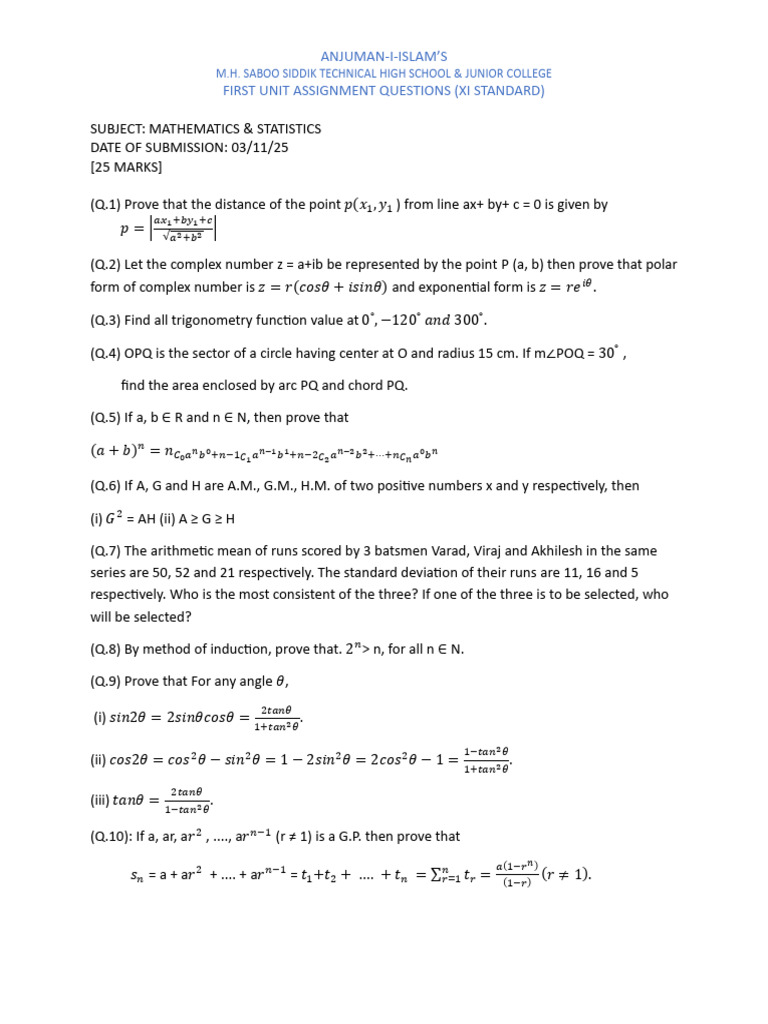 Mathematics & Statistics Assignment XI | PDF