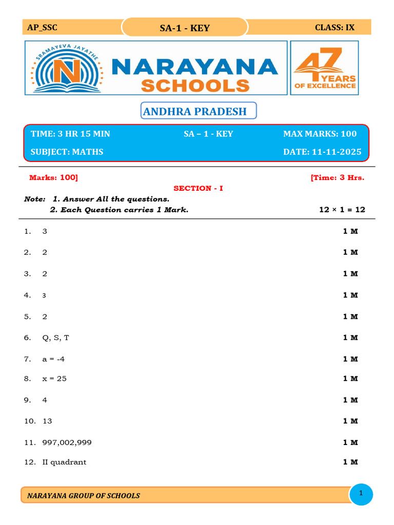 Class IX Maths SA-1 Answer Key | PDF | Circle | Perpendicular