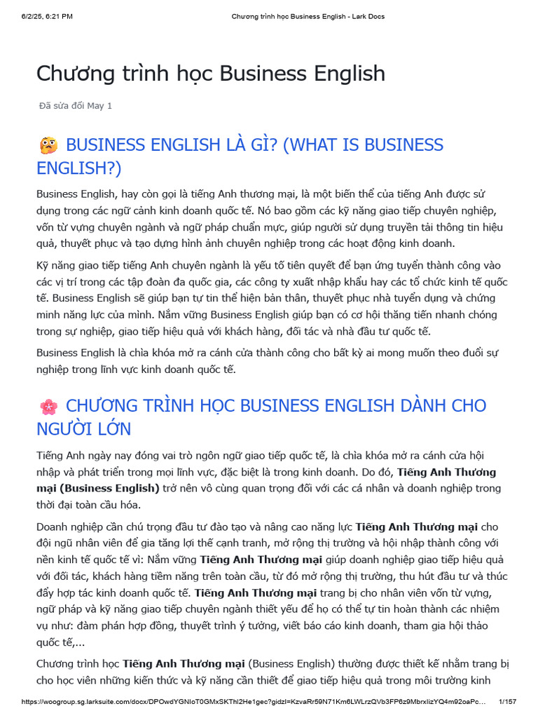 Ch%C6%B0%C6%A1ng Tr%C3%ACnh h%E1%BB%8Dc Business English - Lark Docs | PDF