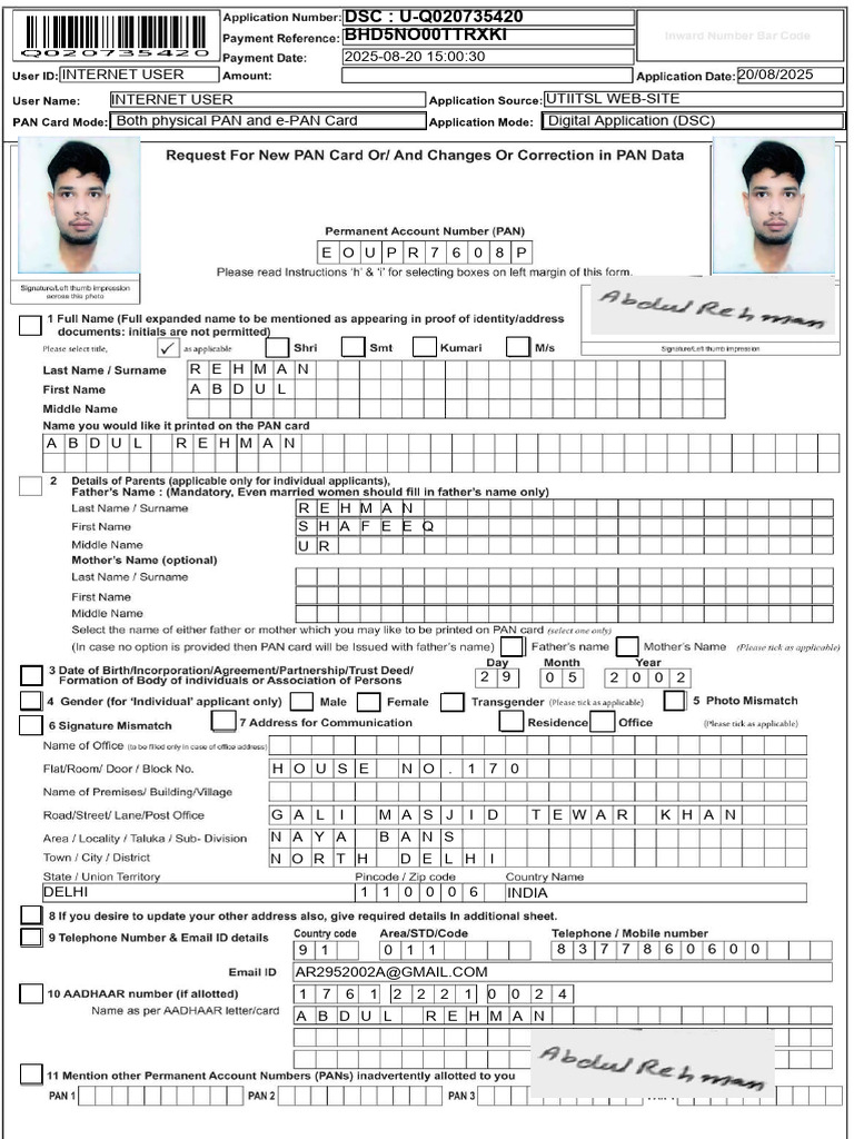 PAN Card Application Details | PDF