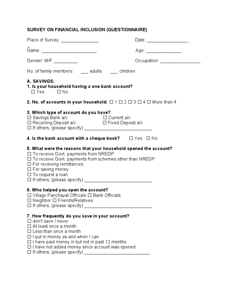 Questionnaire of Financial Inclusion Loans Banks