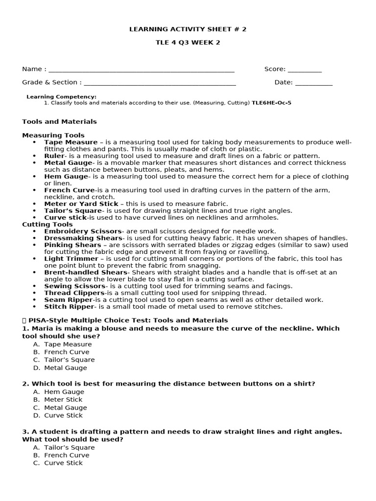 Las Tle 6 Q3 W2 Pdf Seam Sewing Scissors