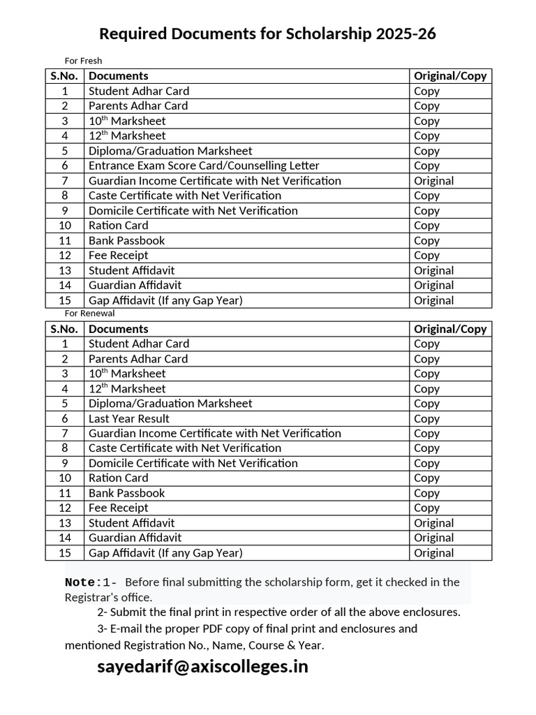 Required Documents For Scholarship 2025-26 | PDF