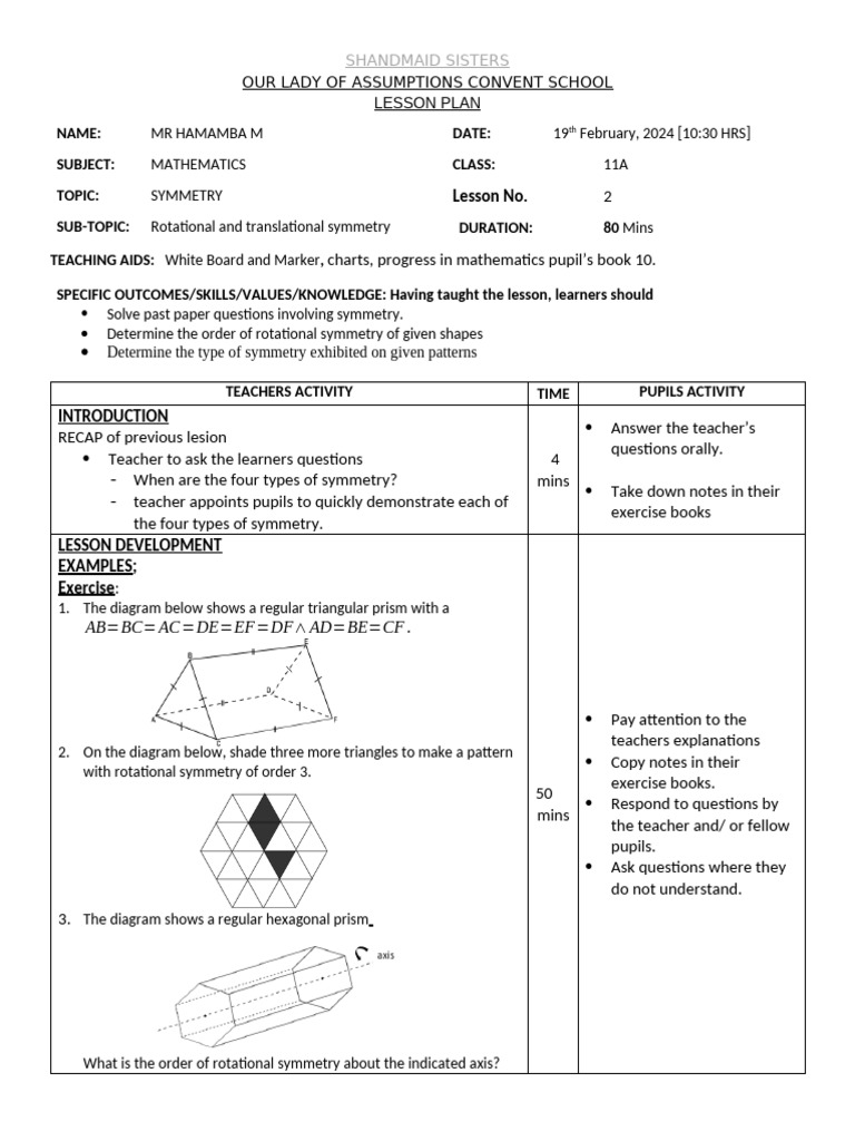 Symmetry Lesson Plan for Class 11A | PDF | Shape | Teachers