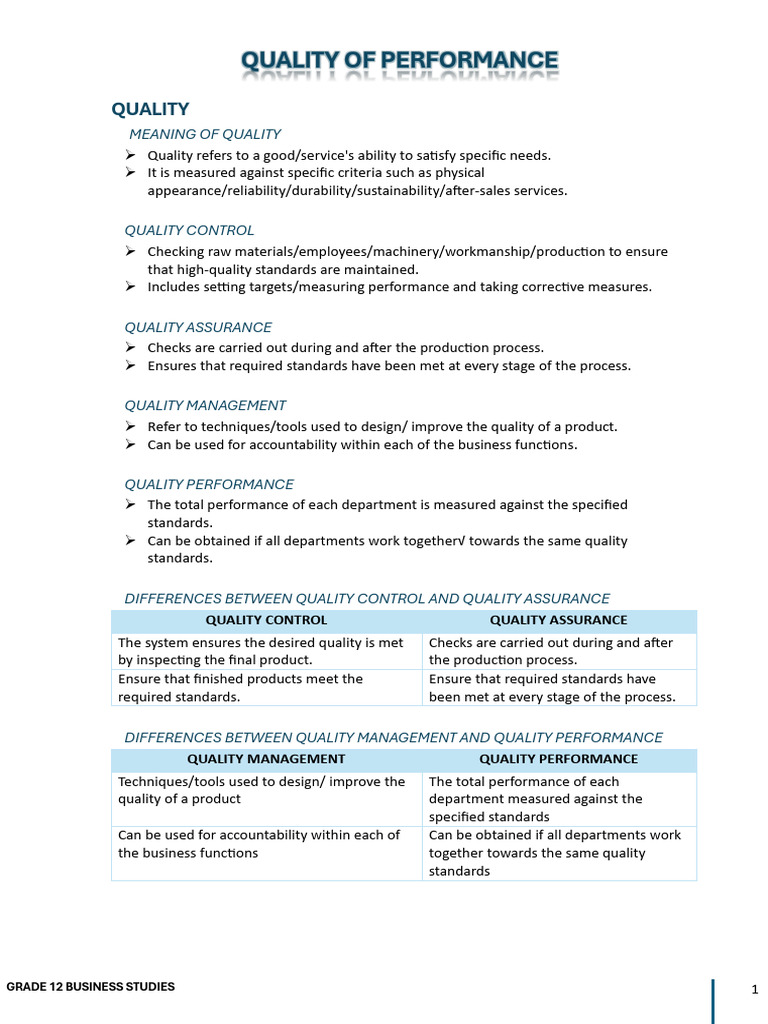 Grade 12 Quality Performance Overview | PDF | Quality (Business ...