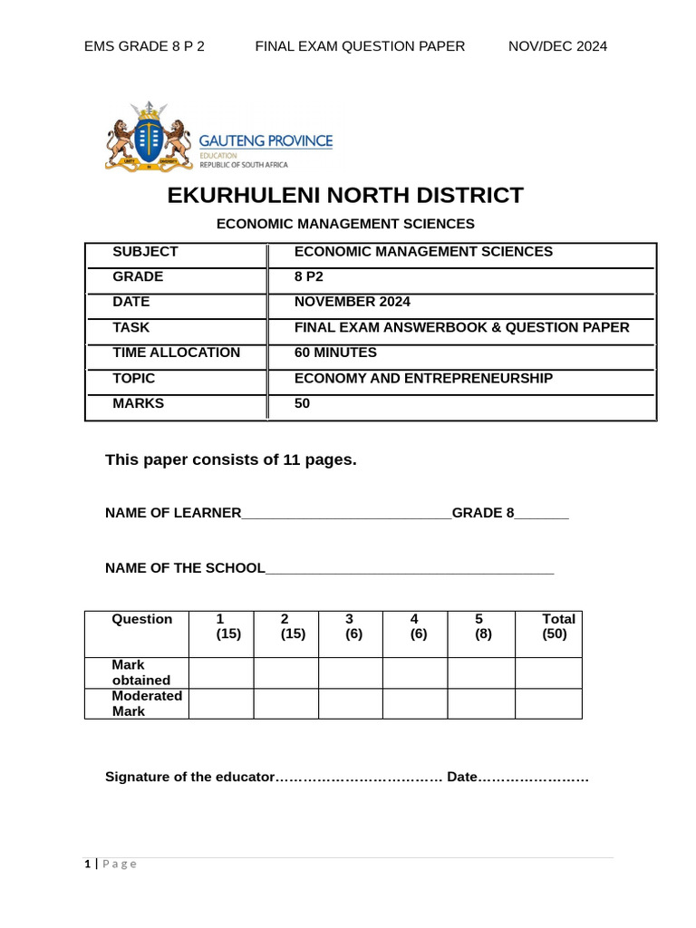 Grade 8 EMS Final Exam Nov 2024 | PDF | Economics | Business