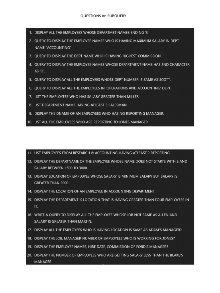 Subquery Questions and Answers Guide | PDF