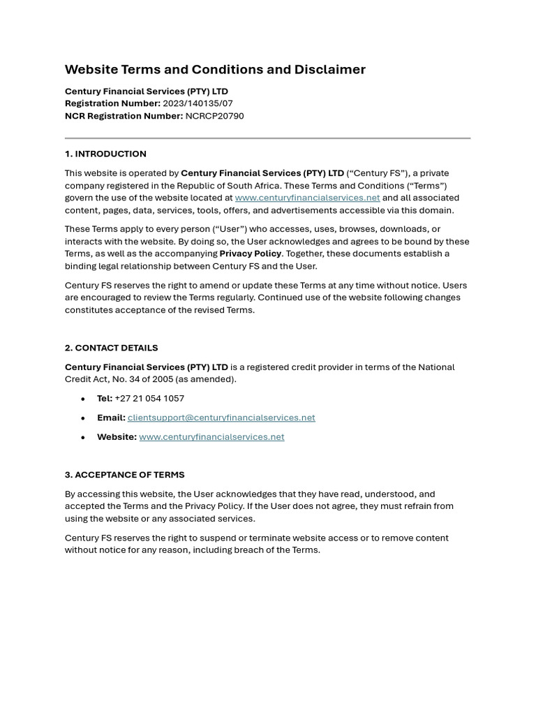 Century FS Website Terms and Conditions | PDF | Privacy | Indemnity