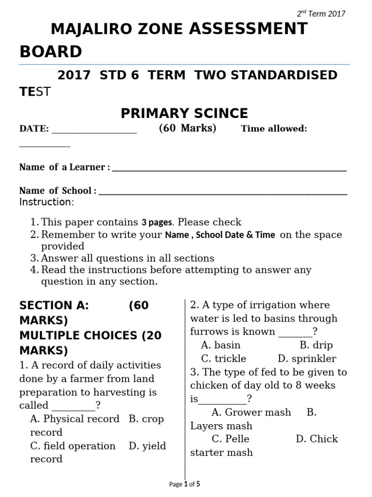 2017 Term 2 Standardized Test for Grade 6 | PDF | Irrigation | Agriculture
