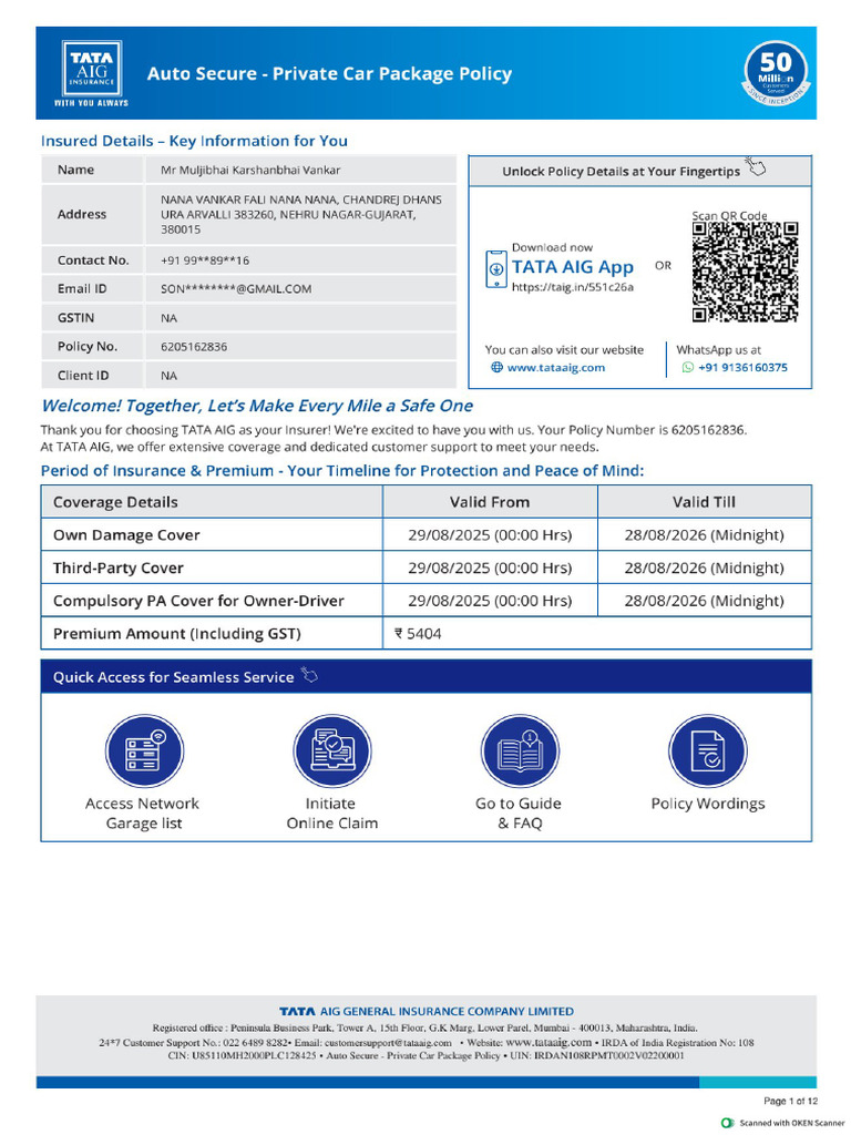 Tata AIG Motor Policy Schedule 3184 6205162836 | PDF