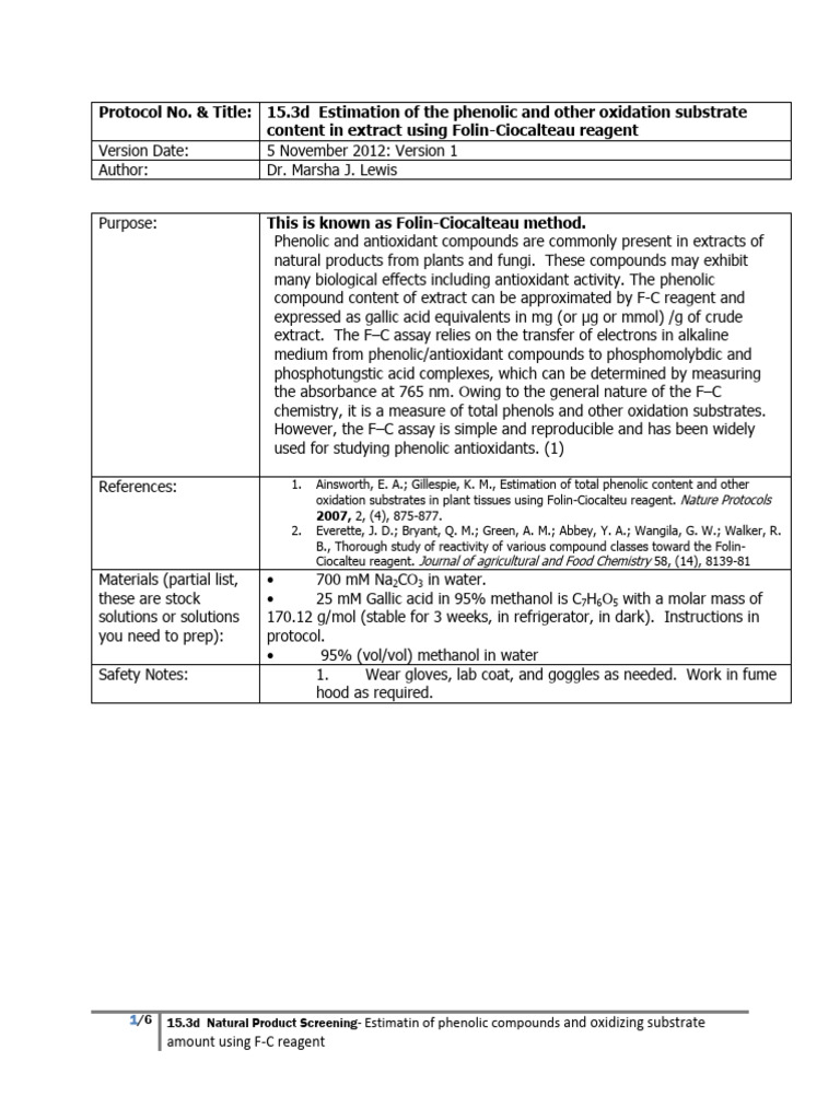 F-C Method for Estimating Phenolics | PDF | Coefficient Of ...