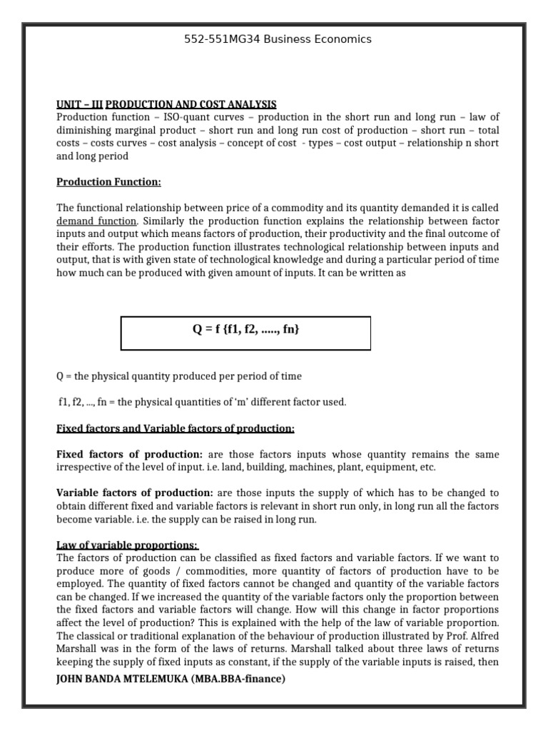Production and Cost Analysis Overview | PDF | Production Function ...
