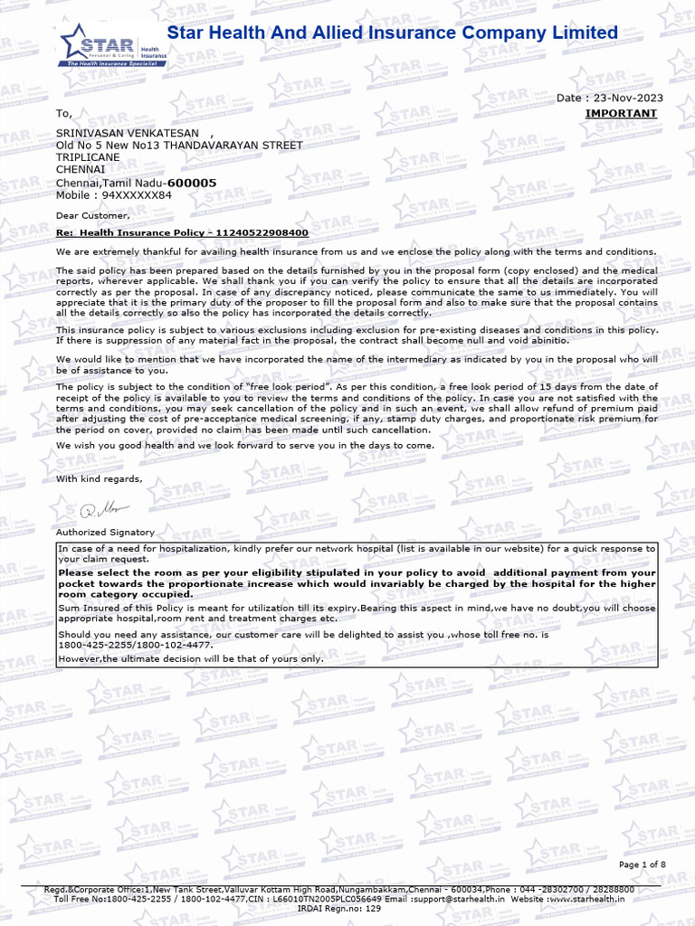 Star Health Insurance Policy Details | PDF | Insurance | Deductible