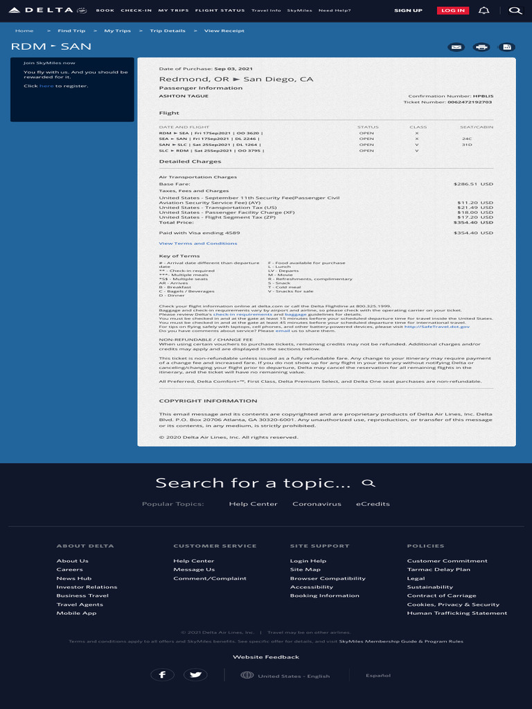 Delta Flight Itinerary and Charges Summary | PDF | Delta Air Lines