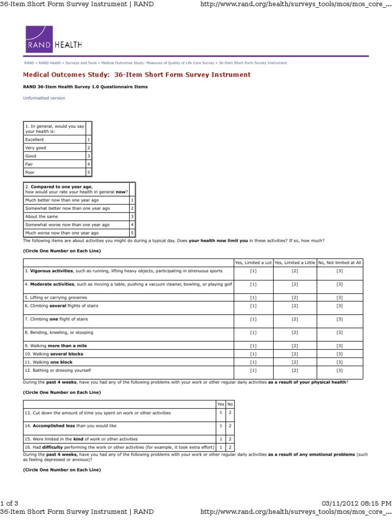 Medical Outcomes Study: 36-Item Short Form Survey Instrument | PDF ...