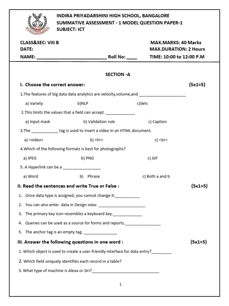 ICT Model Question Paper for Class VIII | PDF | Information Technology ...